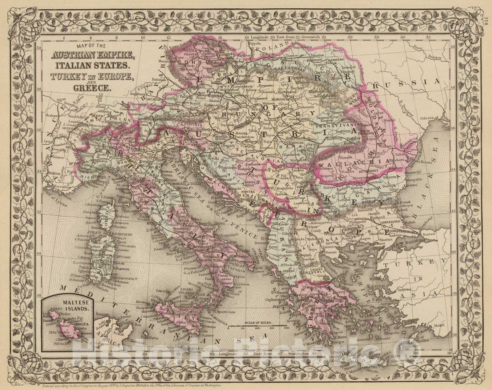 Historic Map : 1880 Austrian Empire, Italy, Turkey in Europe, Greece. - Vintage Wall Art