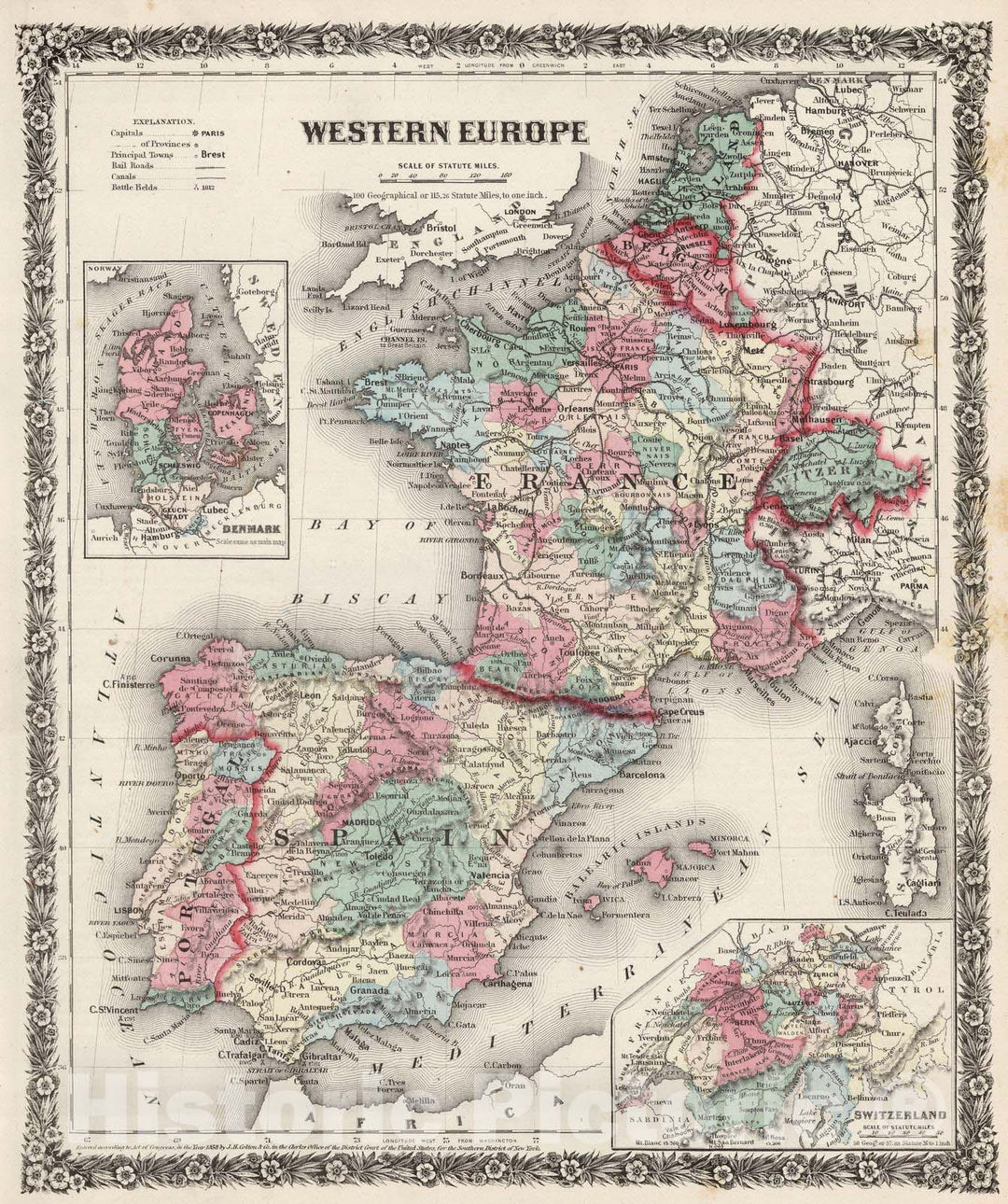 Historic Map : 1858 Western Europe. - Vintage Wall Art