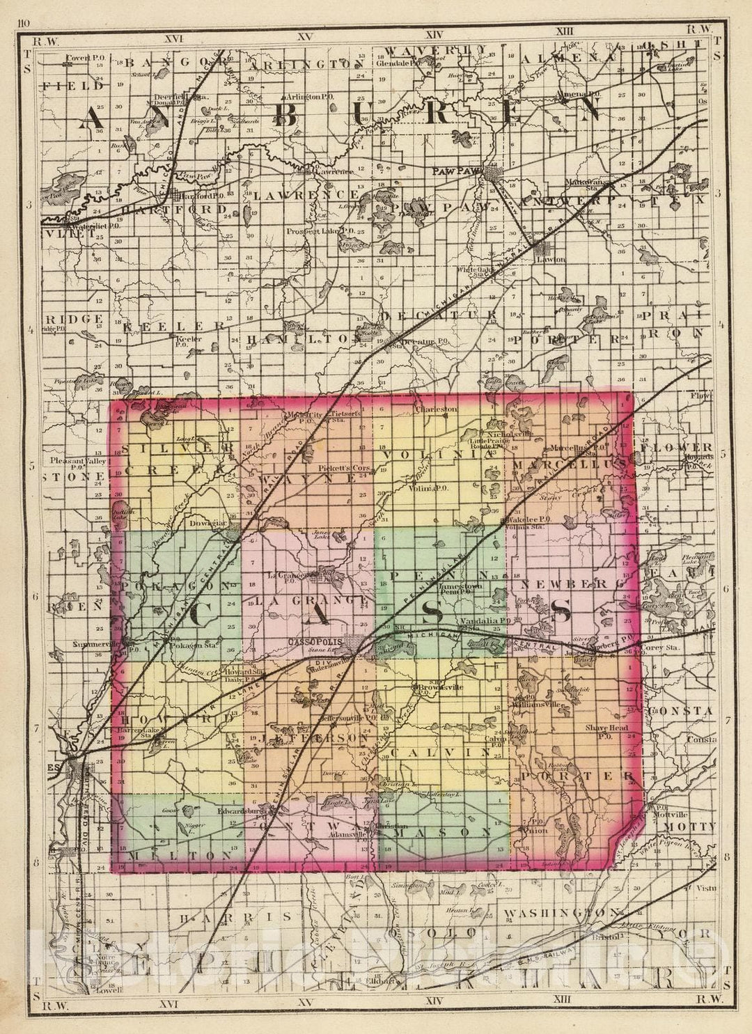 Historic Wall Map : 1873 (Map of Cass County, Michigan) - Vintage Wall Art