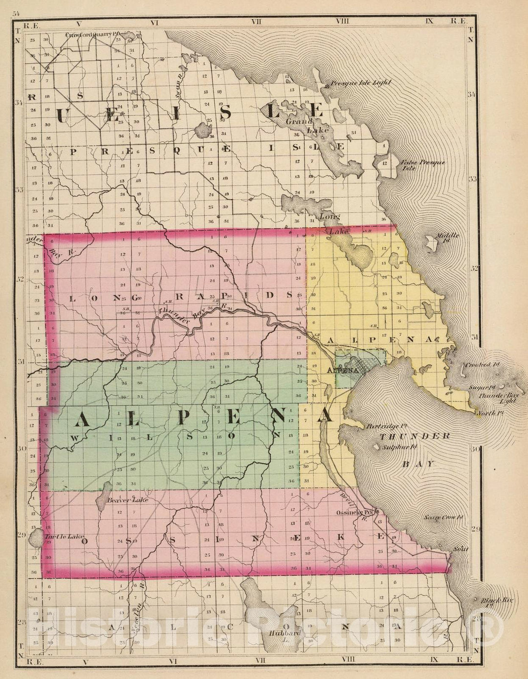 Historic Map : 1873 (Map of Alpena County, Michigan) - Vintage Wall Art