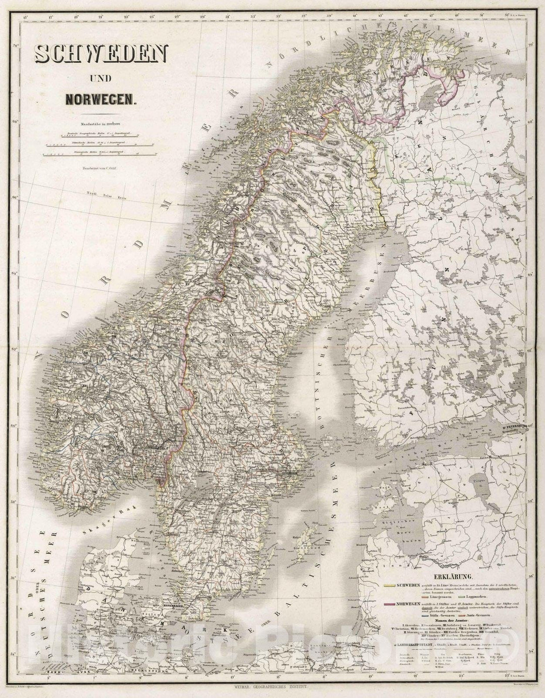 Historic Wall Map : 1875 Sweden and Norway. - Vintage Wall Art