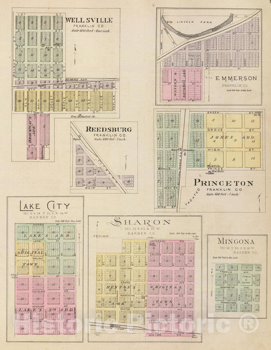 Historic Map : 1887 Wellsville, Emmerson, Reedsburg, Princeton, Lake City, Sharon and Mingona. - Vintage Wall Art