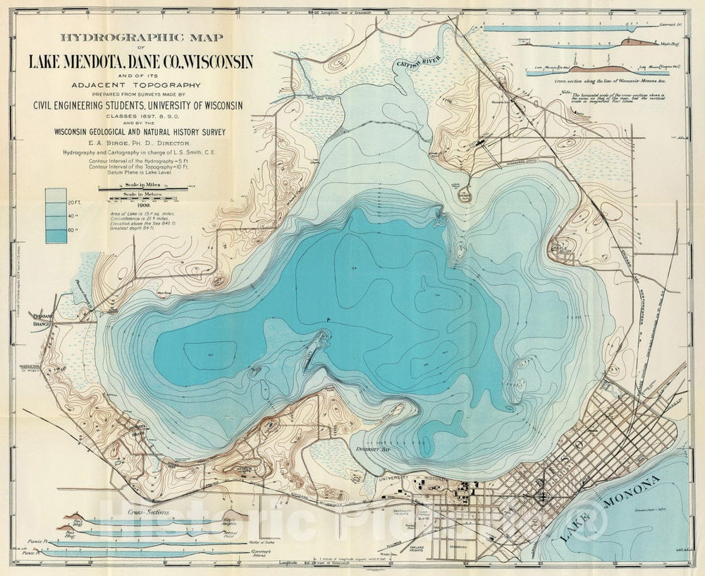 Historic Map - 1906 Hydrographic map Lake Mendota. - Vintage Wall Art