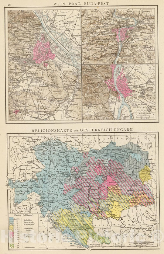 Historic Map : Austria; Hungary , Vienna (Austria), Prague Region (Czech Republic) 1881 Wien, Prag, Buda-Pest, Religionskarte Oesterreich-Ungarn. , Vintage Wall Art