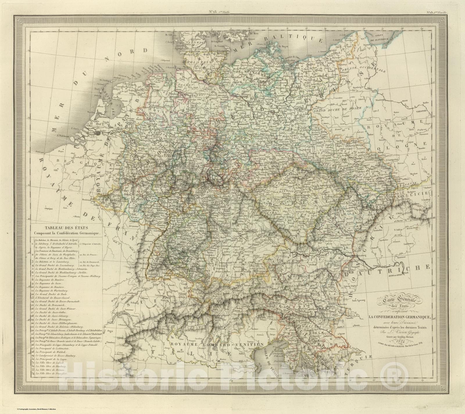 Historic Map : Czech Republic; Germany, 1824 Composite: Carte Generale des Etats composant La Confederation Germanique. , Vintage Wall Art