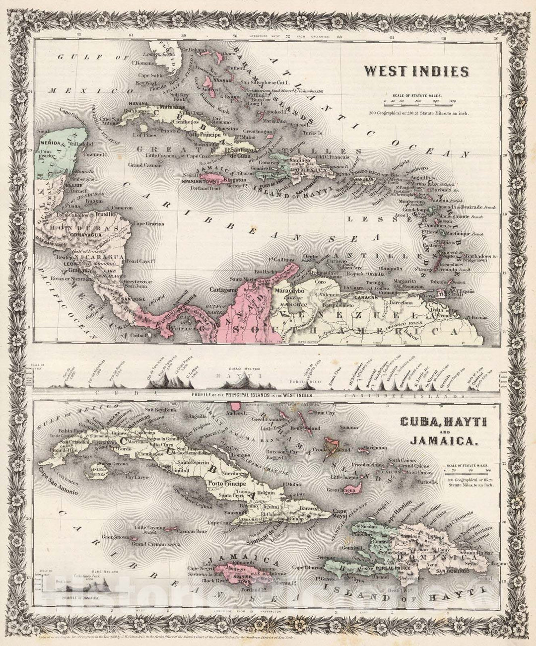 Historic Map : 1858 West Indies, Cuba, Hayti, and Jamaica. - Vintage Wall Art