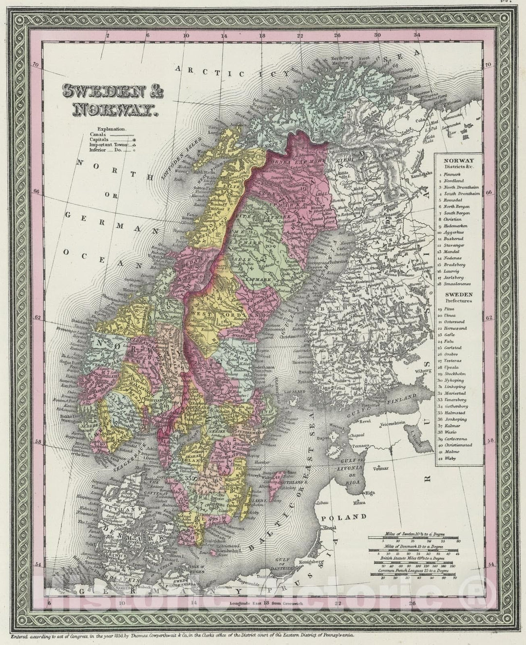 Historic Map : 1855 Sweden and Norway - Vintage Wall Art