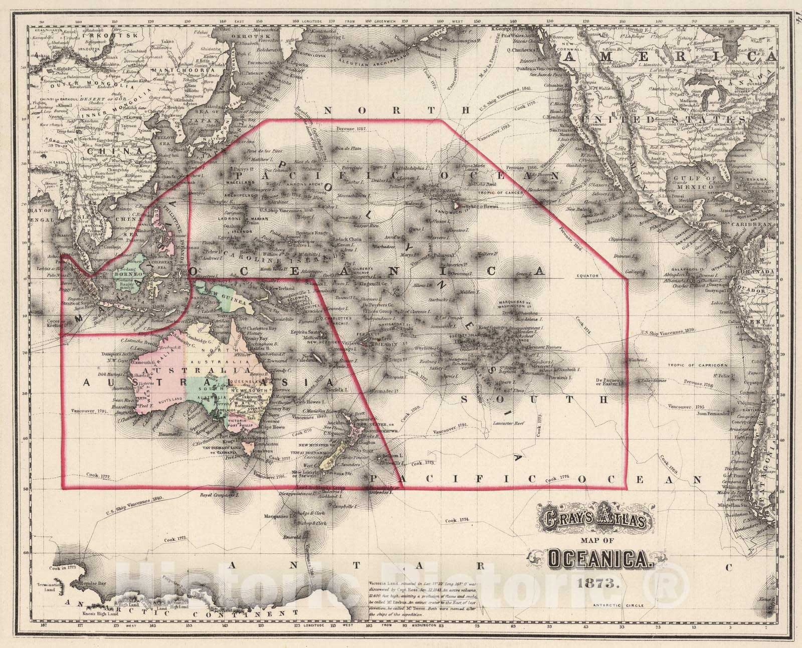 Historic Map : Oceania, Pacific 1873 Oceanica. v1 , Vintage Wall Art