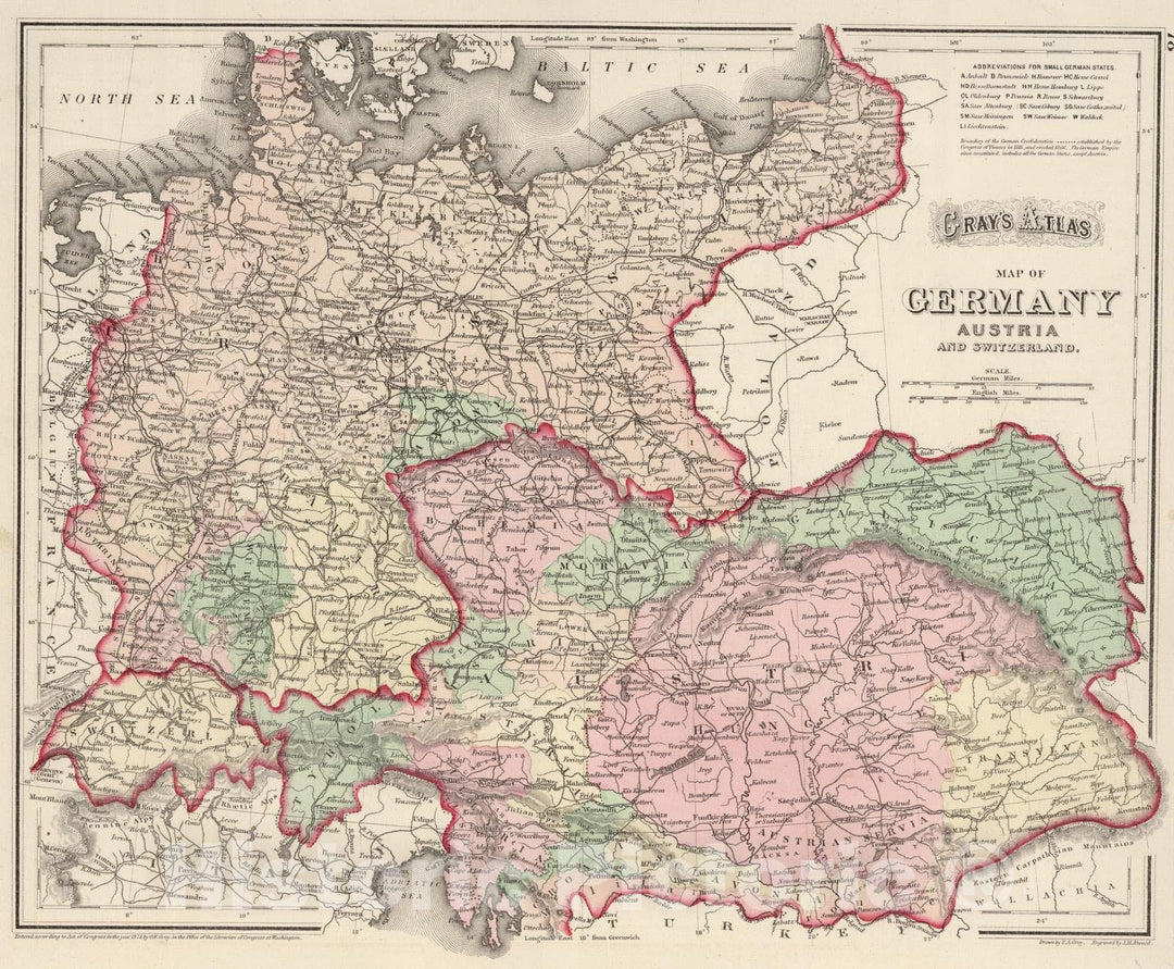 Historic Map - World Atlas - 1874 Germany, Austria, and Switzerland. - Vintage Wall Art