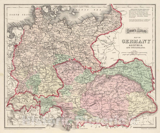 Historic Map - World Atlas - 1874 Germany, Austria, and Switzerland. - Vintage Wall Art