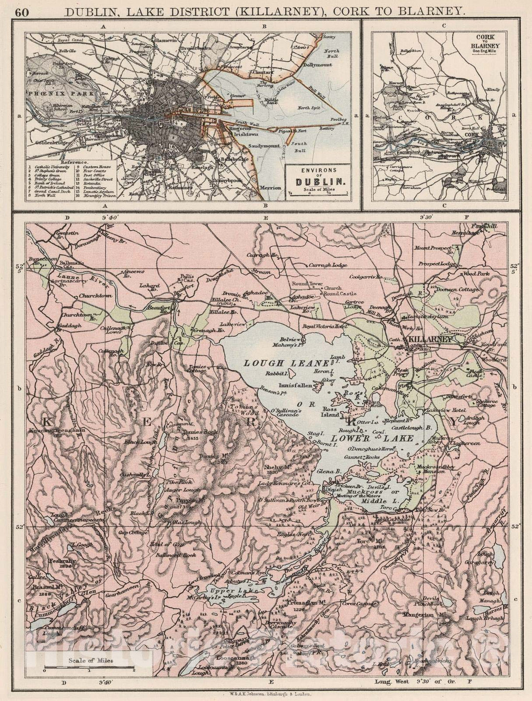 Historic Map : 1906 Dublin, Lake District (Killarney), Cork to Blarney. - Vintage Wall Art