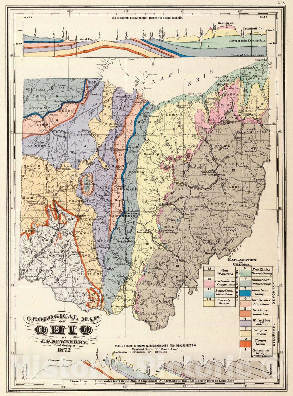 Historic Map - 1872 Geological map of Ohio. - Vintage Wall Art