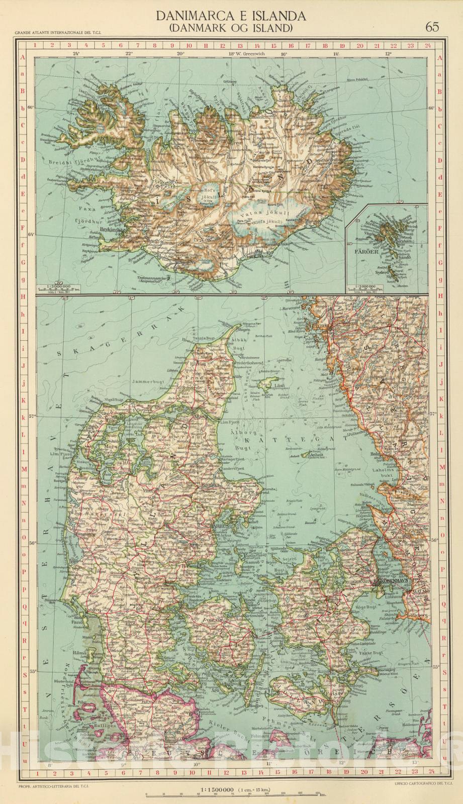 Historic Map : Denmark; Iceland, Faroe Islands 1929 65. Danimarca, Islanda. , Vintage Wall Art