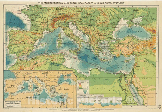 Historic Map : 1922 Mediterranean, Black Sea cables, wireless stations. - Vintage Wall Art