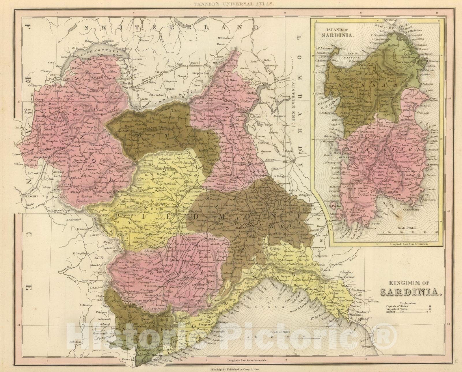 Historic Map : 1845 Kingdom of Sardinia. - Vintage Wall Art