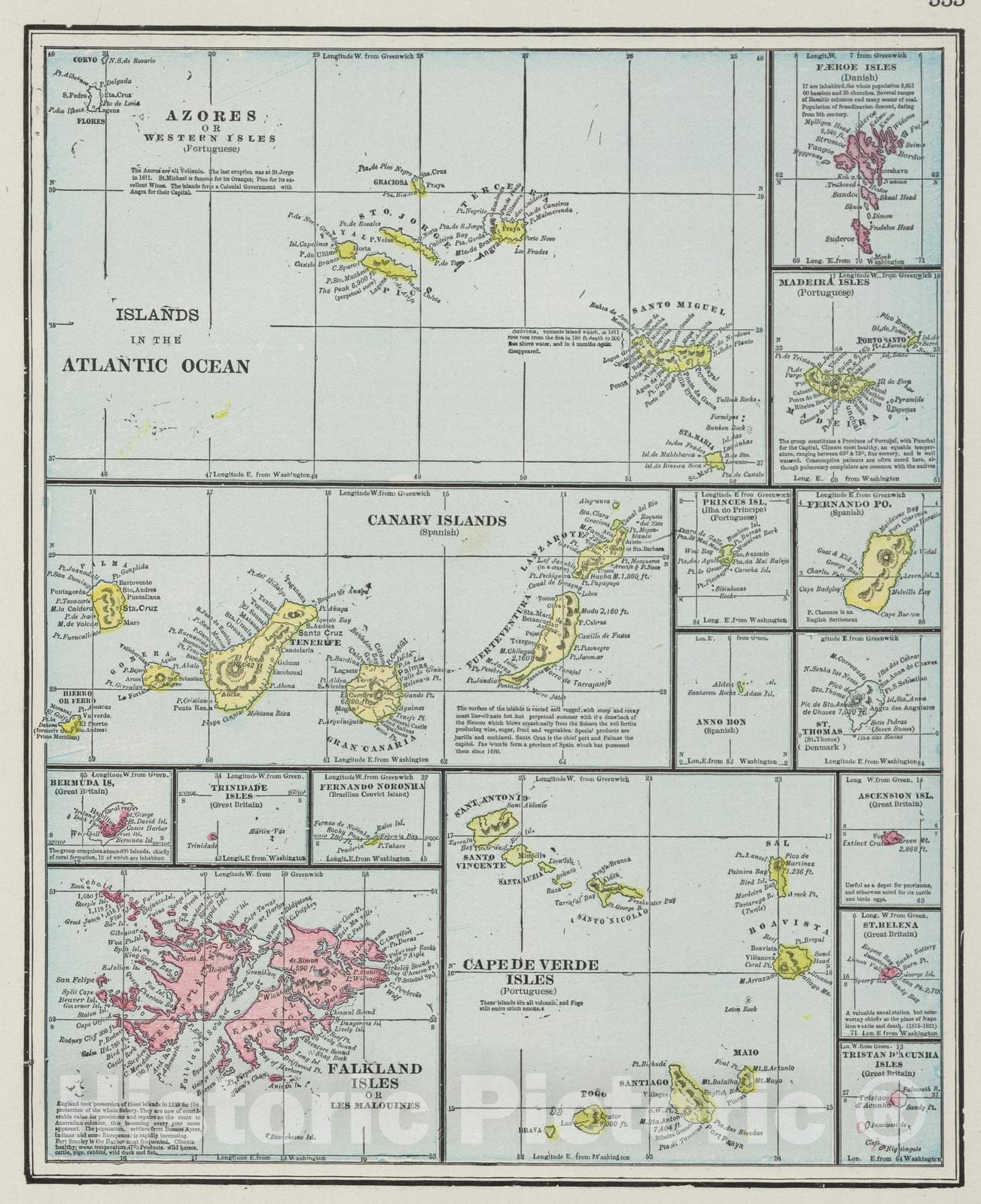 Historic Map : 1901 Islands in the Atlantic Ocean. - Vintage Wall Art