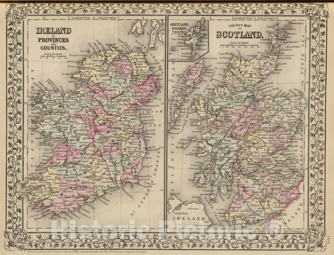 Historic Map : 1880 Ireland, Scotland. - Vintage Wall Art