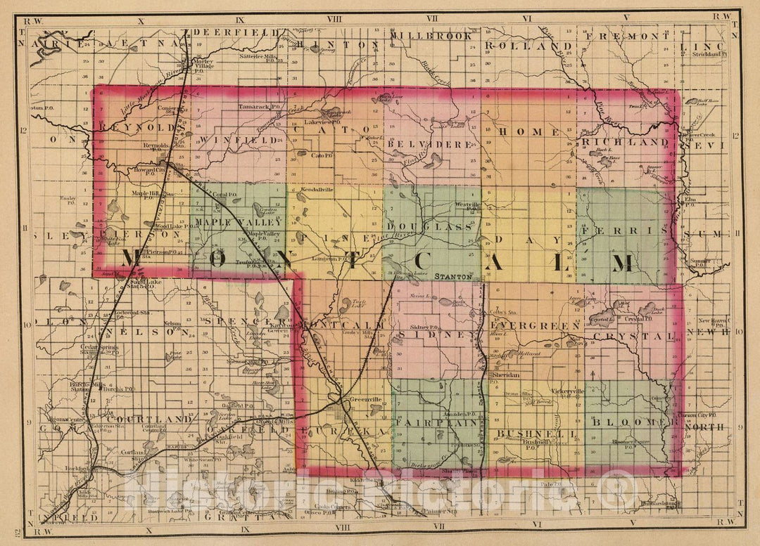 Historic Map : 1873 (Map of Montcalm County, Michigan) - Vintage Wall Art