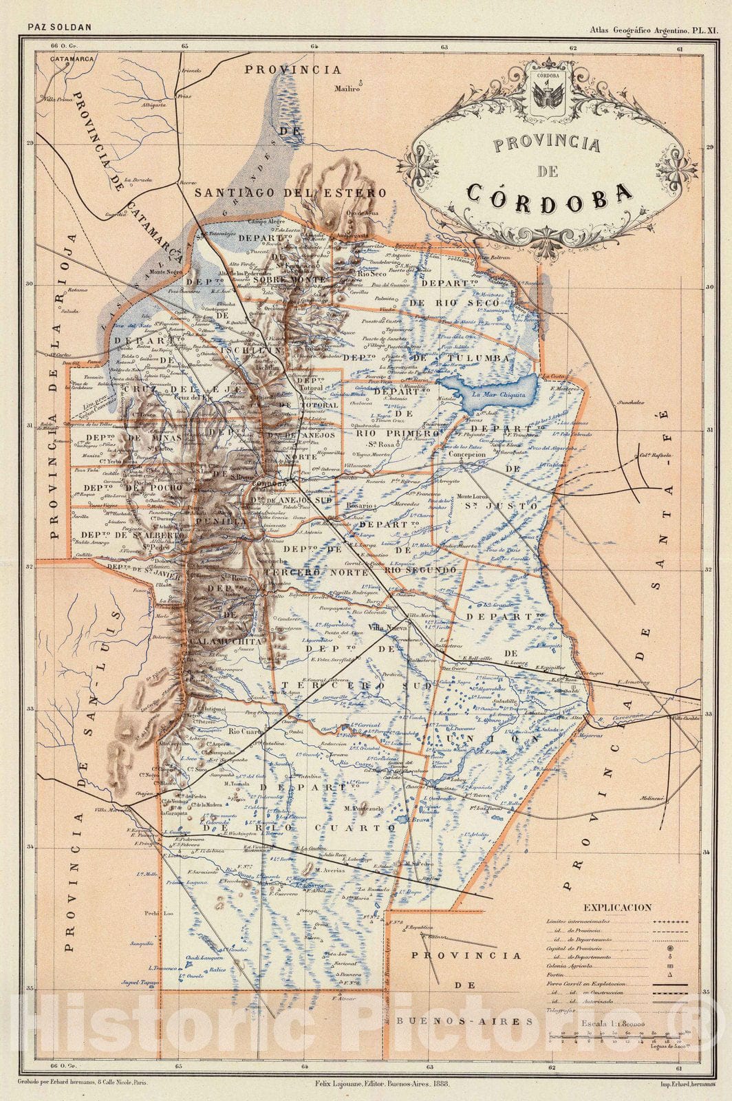 Historic Map : Argentina, Cordoba (Argentina : Province) 1888 Provincia de Cordoba. , Vintage Wall Art