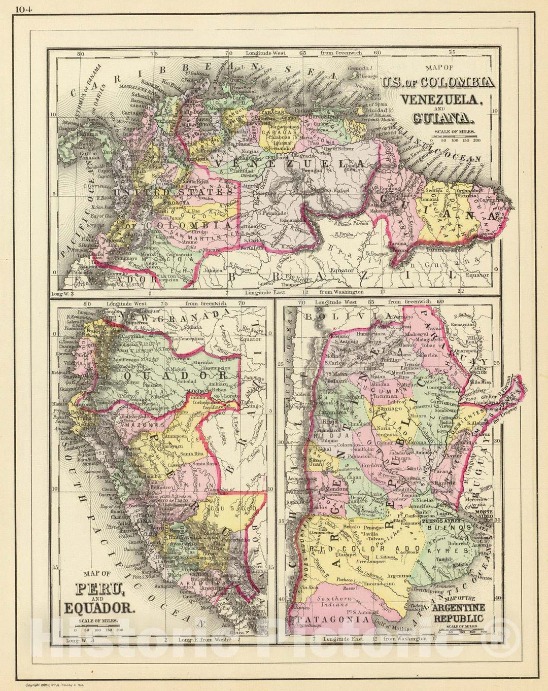 Historic Map : Colombia; Venezuela, Guiana, South America 1890 Colombia, Venezuela, Guiana. , Vintage Wall Art