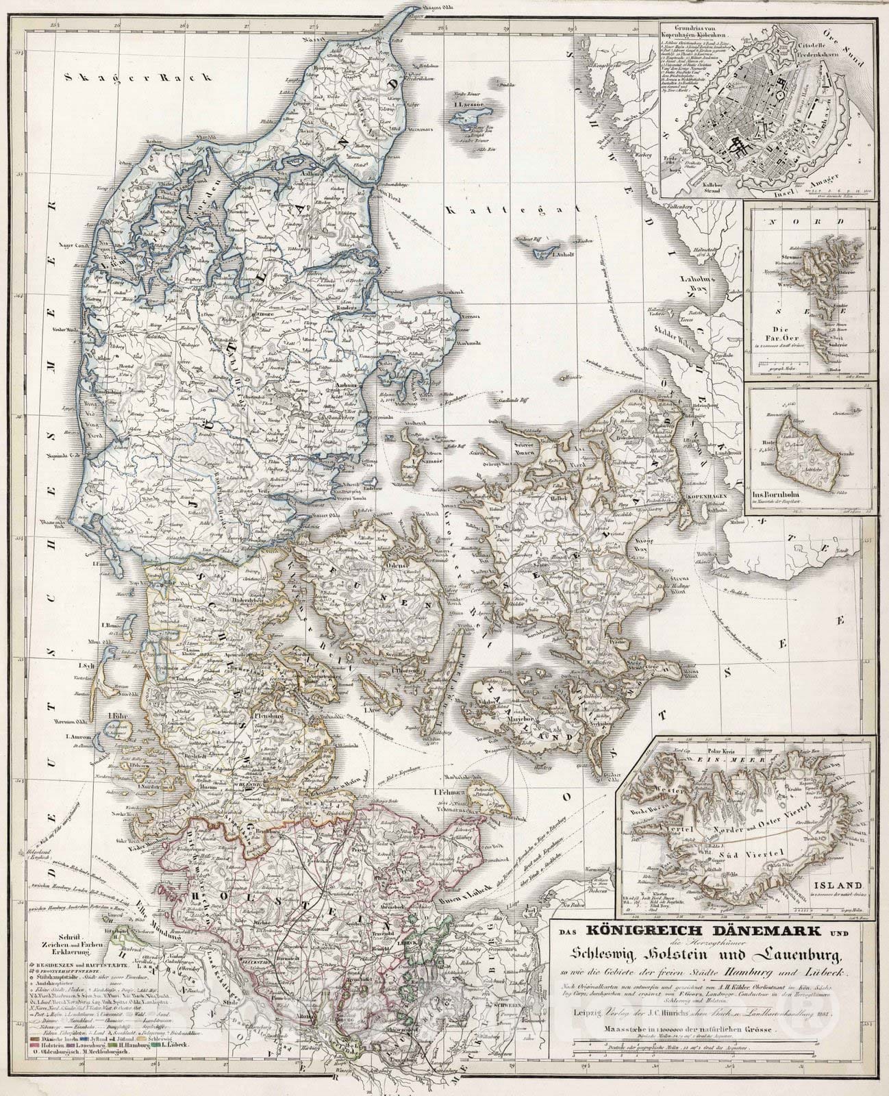 Historic Map : Sweden, Scandinavia 1854 Das Konigreich Danemark und die Herzogthumer Schleswig , Vintage Wall Art