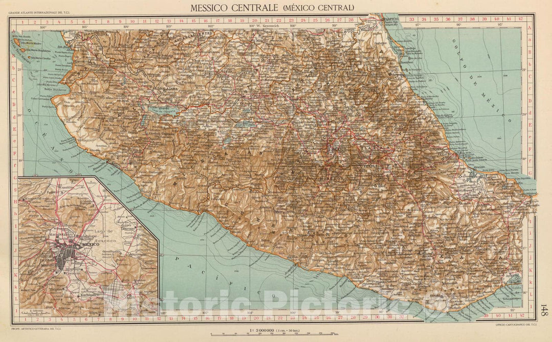 Historic Map : Mexico, Mexico City Region (Mexico) 1929 148. Messico Centrale. , Vintage Wall Art