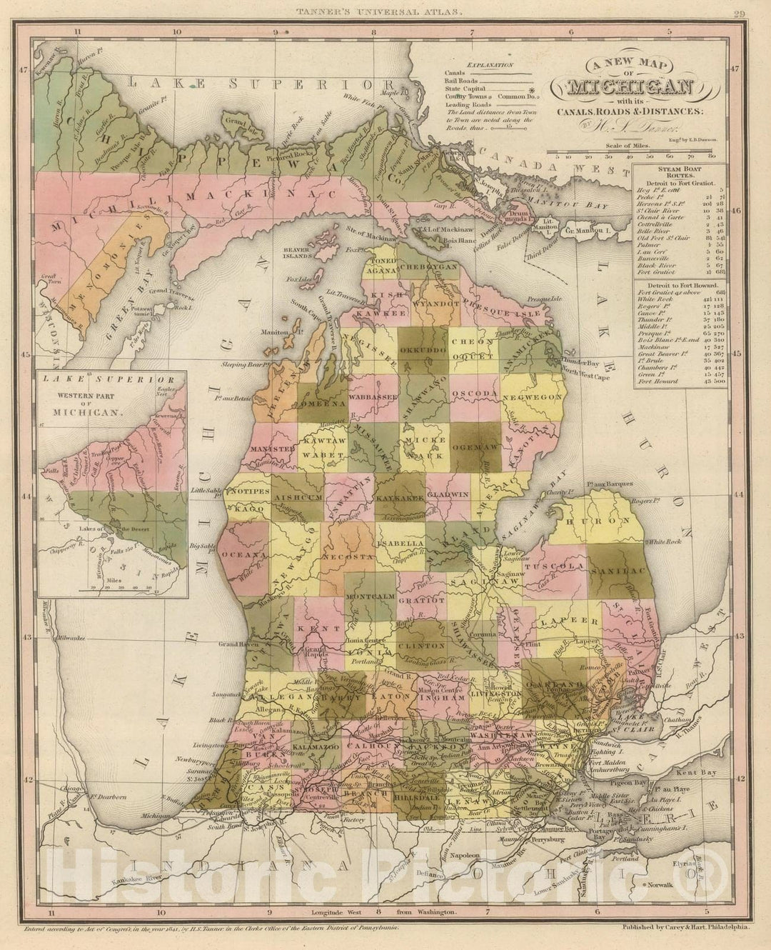 Historic Map : 1845 New Map Of Michigan. - Vintage Wall Art