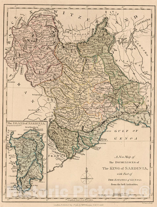 Historic Map : 1794 A New Map of the Dominions of the King of Sardinia with Part of the Estates of Genoa. v1 - Vintage Wall Art