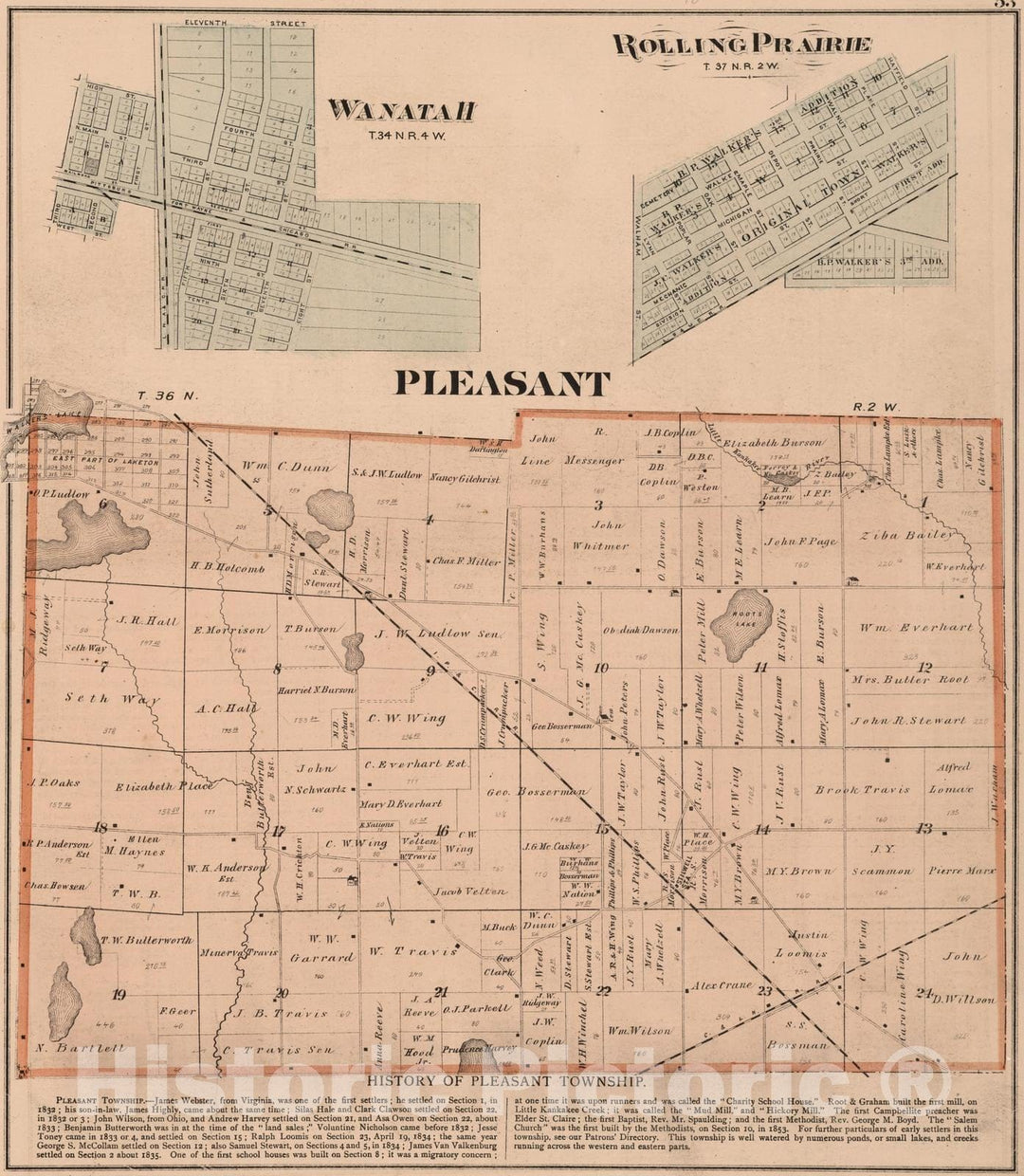 Historic Map : 1874 Pleasant Township, Laporte County, Indiana. Wanatah. Rolling Prairie, Laporte County, Indiana. - Vintage Wall Art