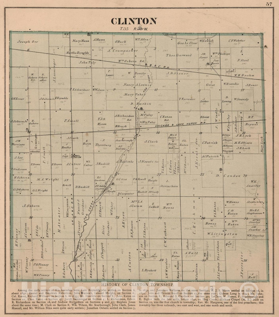 Historic Wall Map : 1874 Clinton Township, Laporte County, Indiana. - Vintage Wall Art