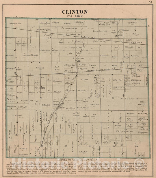 Historic Wall Map : 1874 Clinton Township, Laporte County, Indiana. - Vintage Wall Art