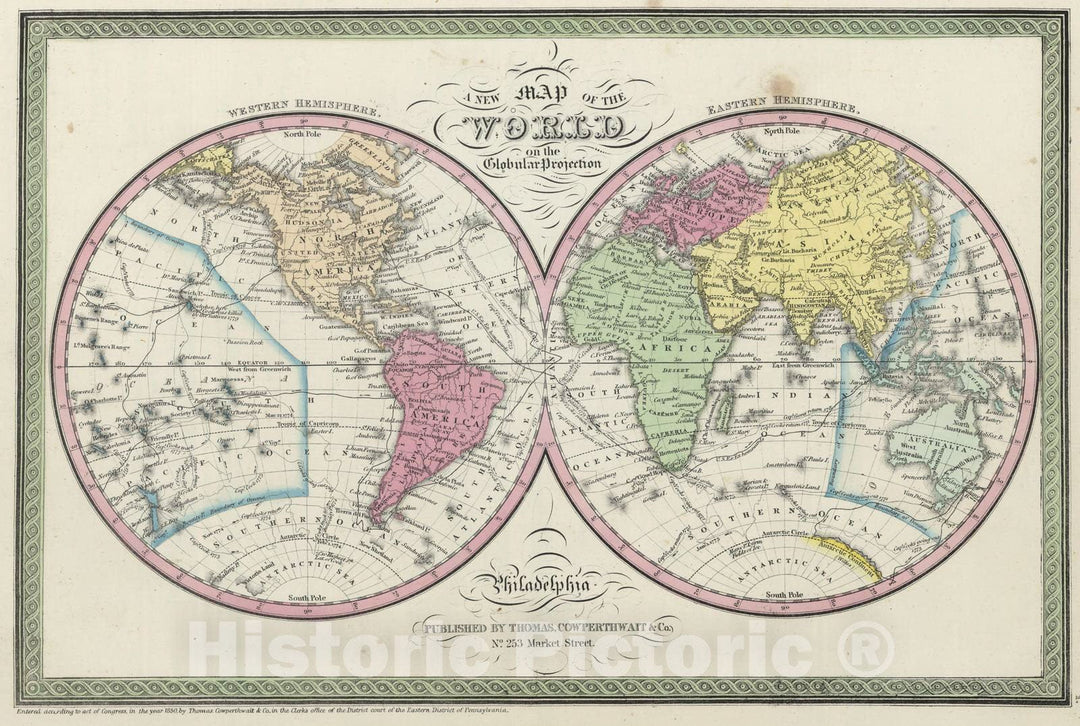 Historic Map : 1855 A New Map of the World, on the Globular Projection - Vintage Wall Art