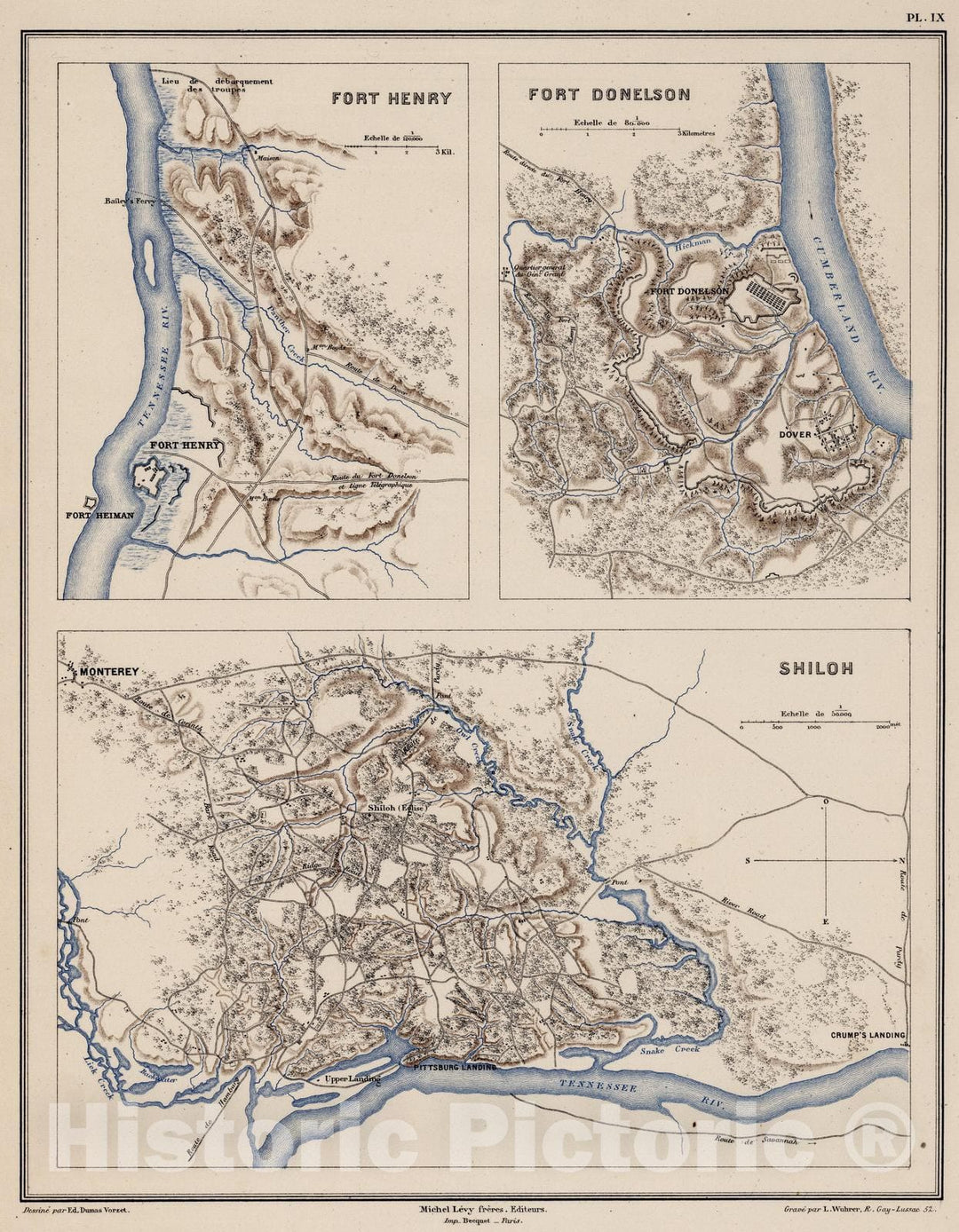 Historic Map : Military Atlas - 1874 Planche IX. Fort Henry. Fort Donelson. Shiloh. - Vintage Wall Art