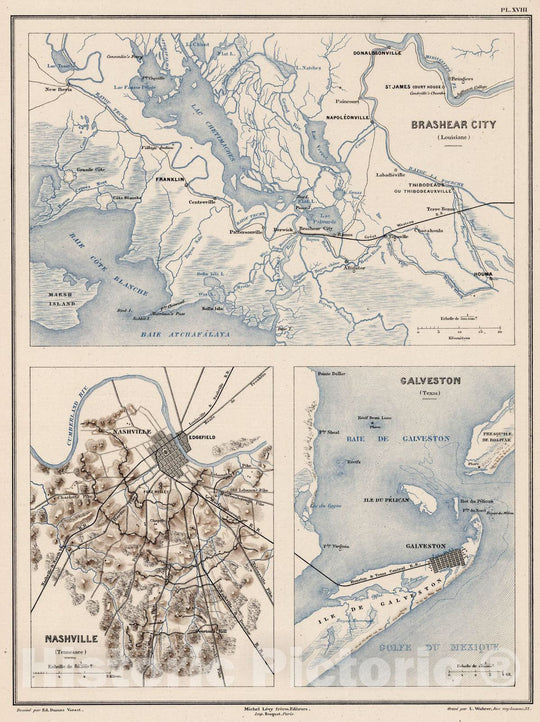 Historic Map : Military Atlas - 1875 Planche XVIII. Brashear City (Louisiane). Nashville (Tennessee). Galveston (Texas). - Vintage Wall Art