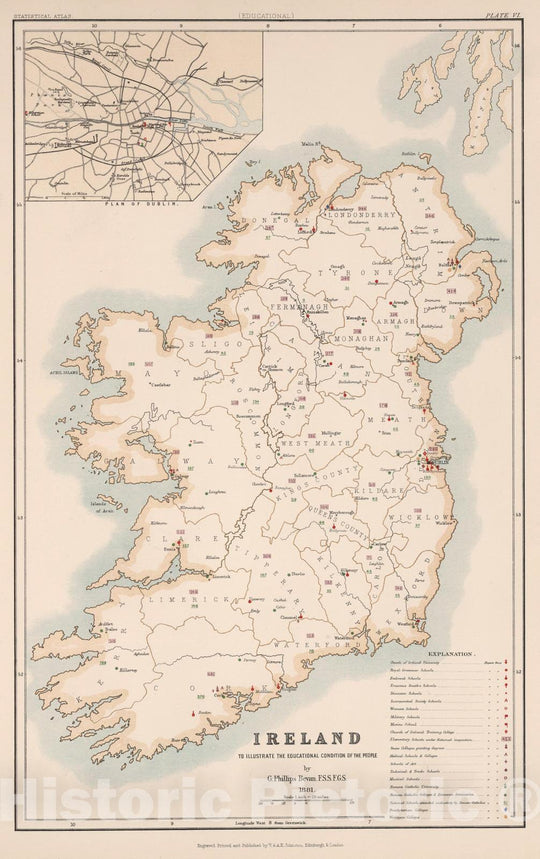 Historic Map : Statistical Atlas - 1881 Ireland to Illustrate the Educational Condition. - Vintage Wall Art