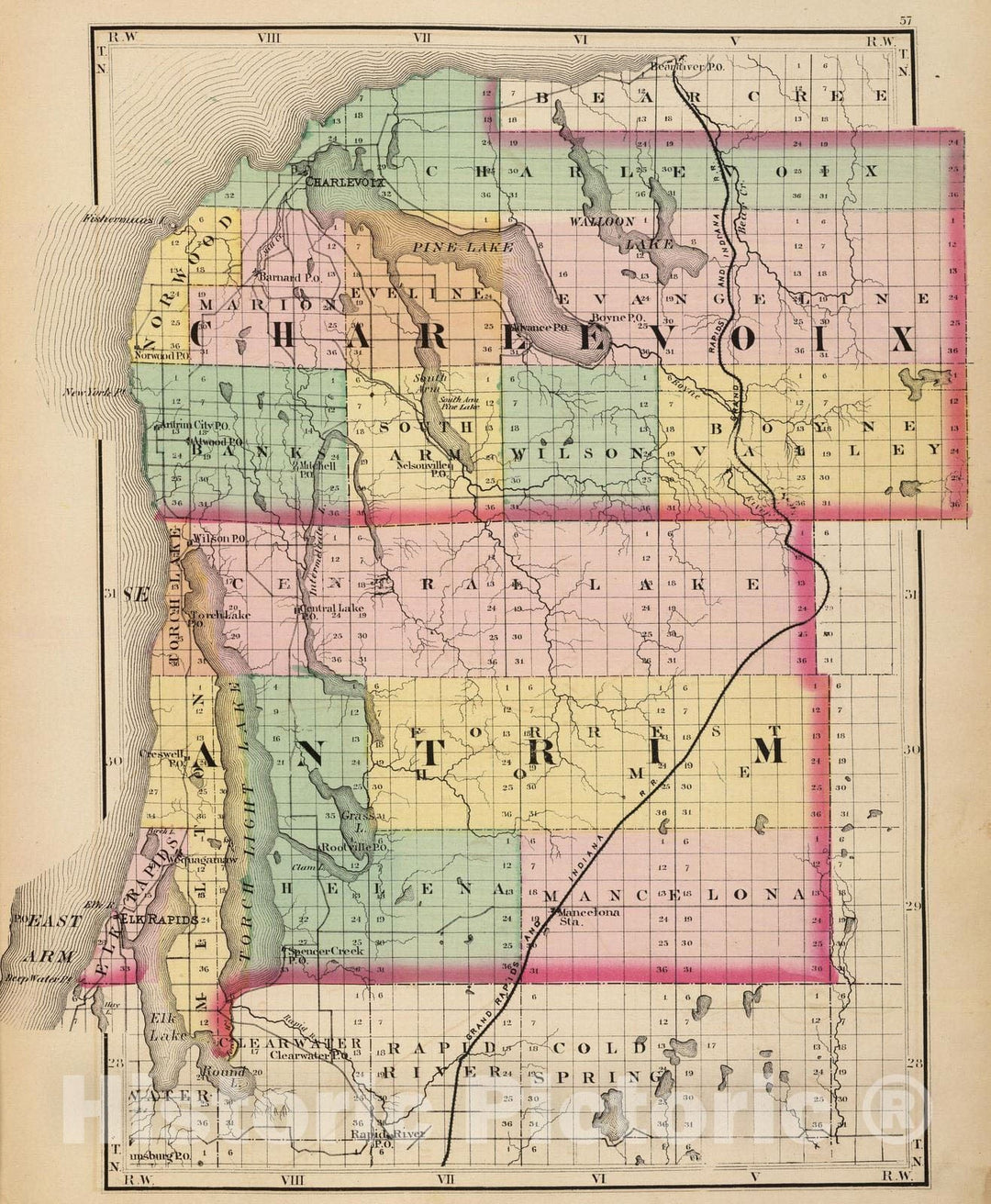 Historic Map : 1873 (Map of Charlevoix and Antrim counties, Michigan) - Vintage Wall Art