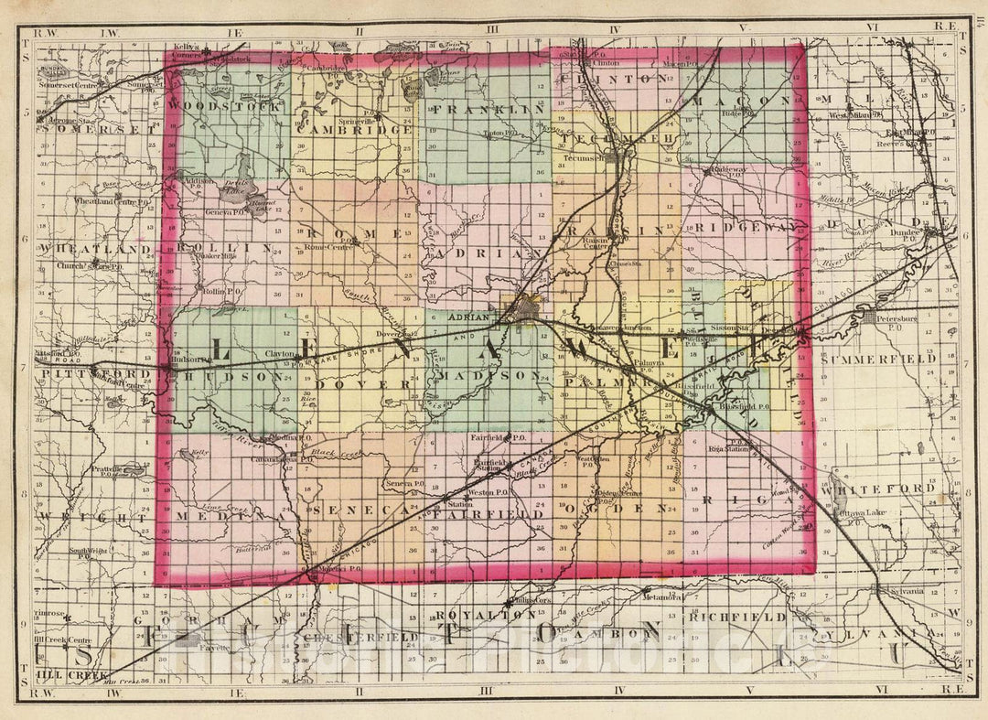 Historic Map : 1873 (Map of Lenawee County, Michigan) - Vintage Wall Art