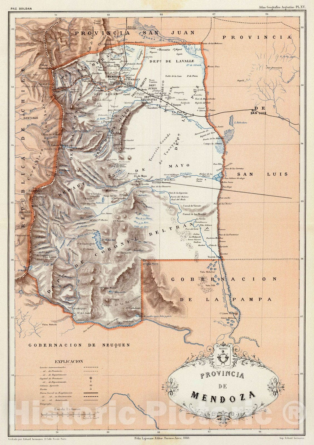 Historic Map : Argentina, Mendoza (Argentina : Province) 1888 Provincia de Mendoza. , Vintage Wall Art