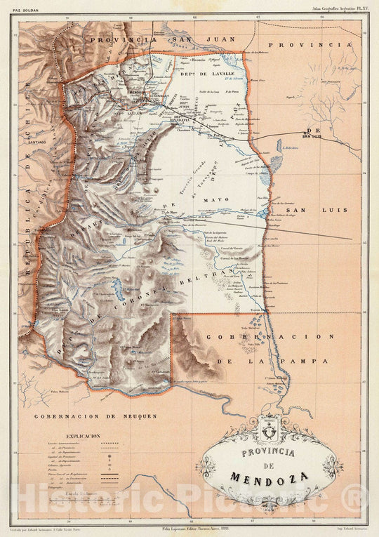 Historic Map : Argentina, Mendoza (Argentina : Province) 1888 Provincia de Mendoza. , Vintage Wall Art