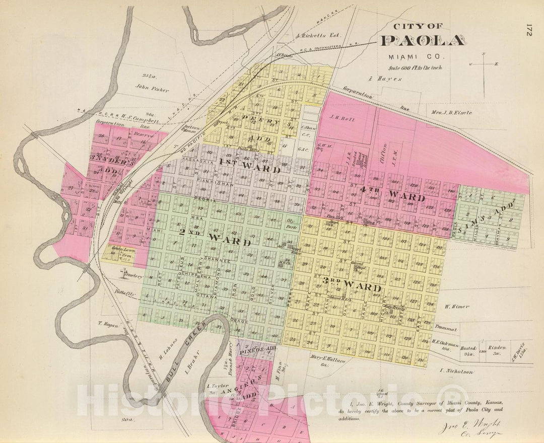 Historic Map : Paola (Kan.), Kansas, 1887 Paola, Miami Co. , Vintage Wall Art