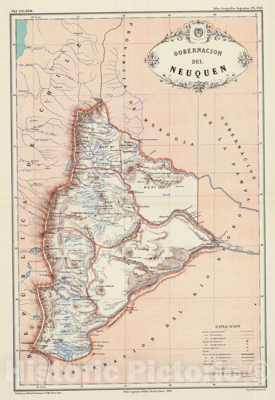 Historic Map : Argentina, Neuquen (Argentina : Province) 1888 Gobernacion de Neuquen. , Vintage Wall Art