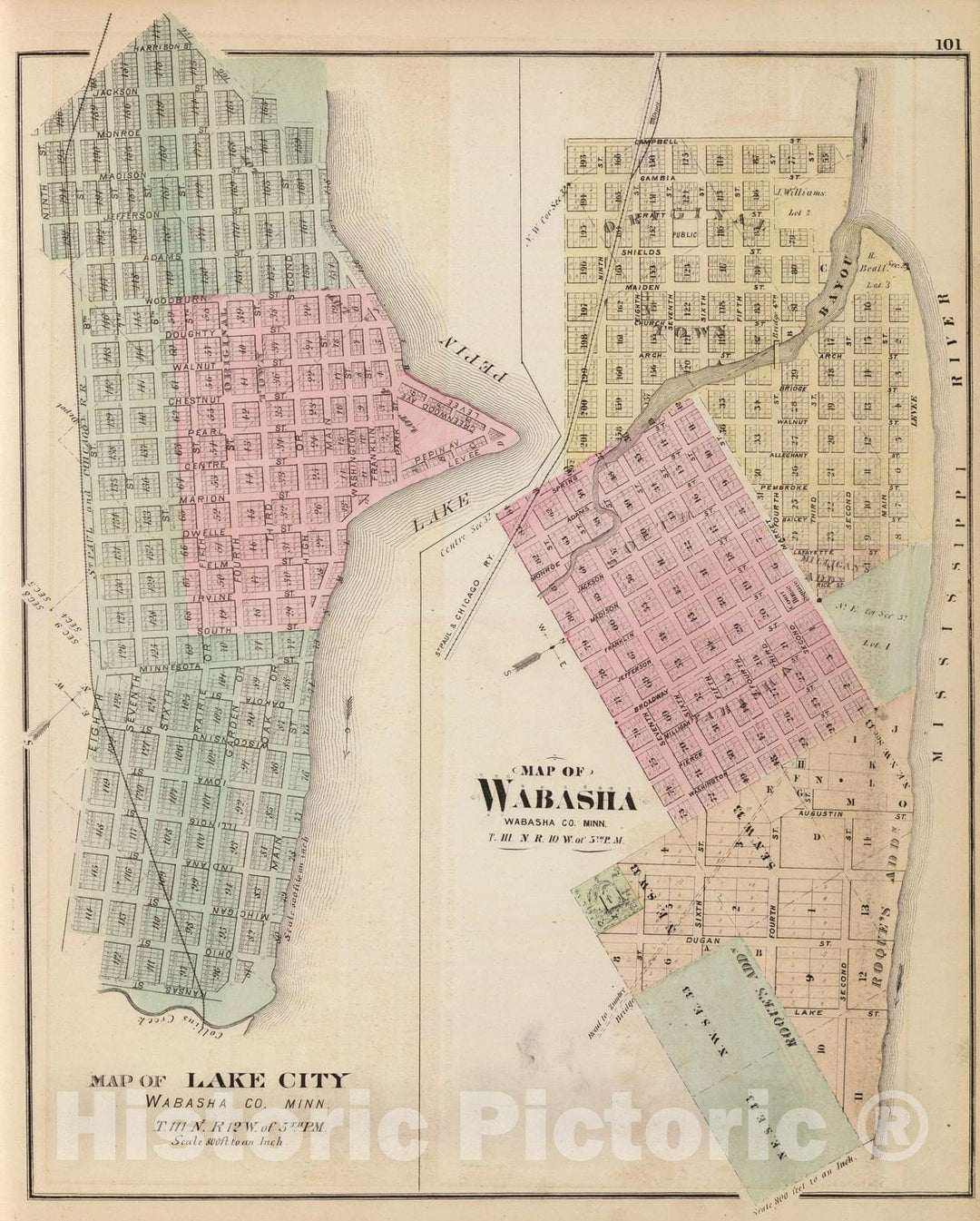 Historic Map : 1874 Map of Lake City, and Map of Wabasha, Wabasha Co, Minn. - Vintage Wall Art