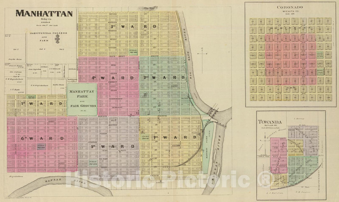 Historic Map : 1887 Manhattan, Coronado, Towanda, Kansas. - Vintage Wall Art