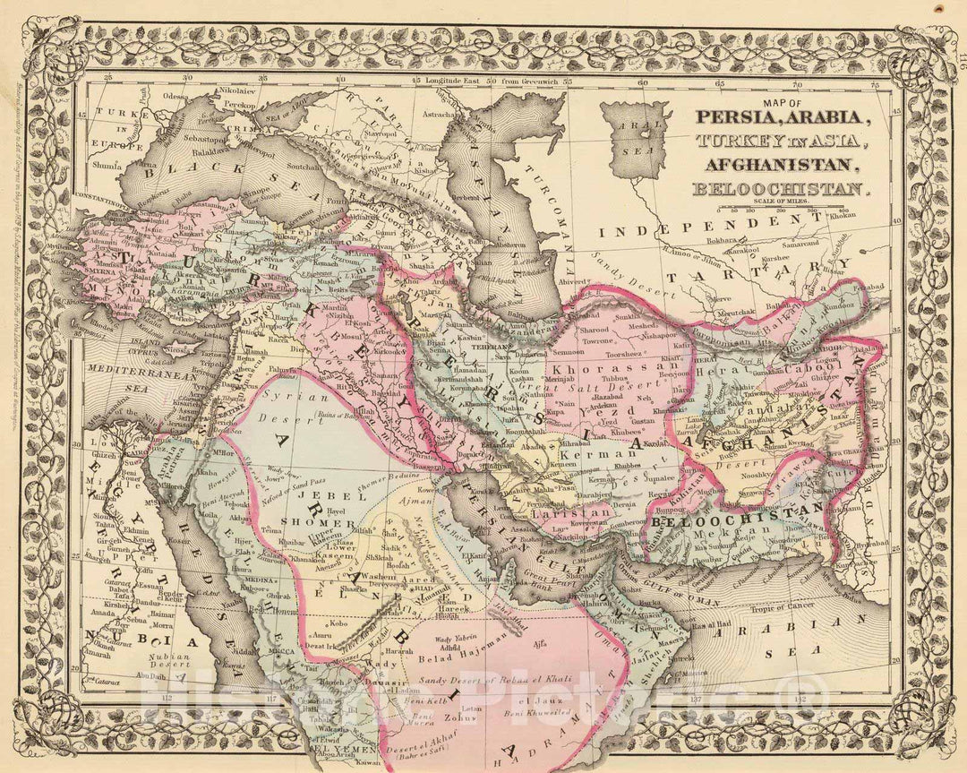 Historic Map : 1880 Persia, Arabia, Turkey, Afghanistan, Beloochistan. - Vintage Wall Art