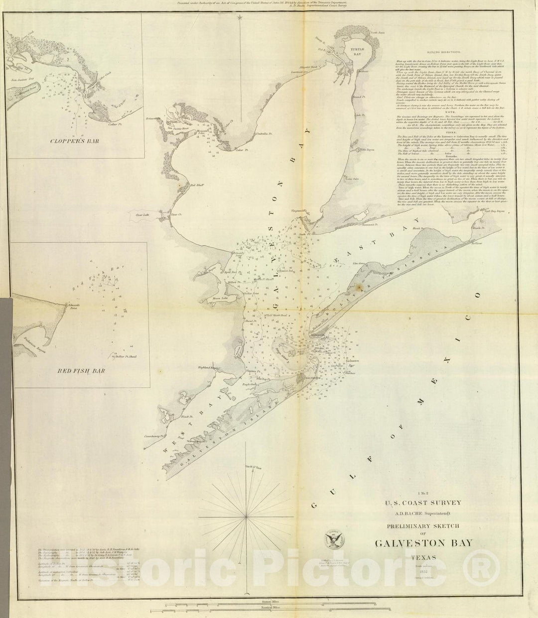 Historic Wall Map : Chart Atlas - 1852 Galveston Bay, Texas. - Vintage Wall Art