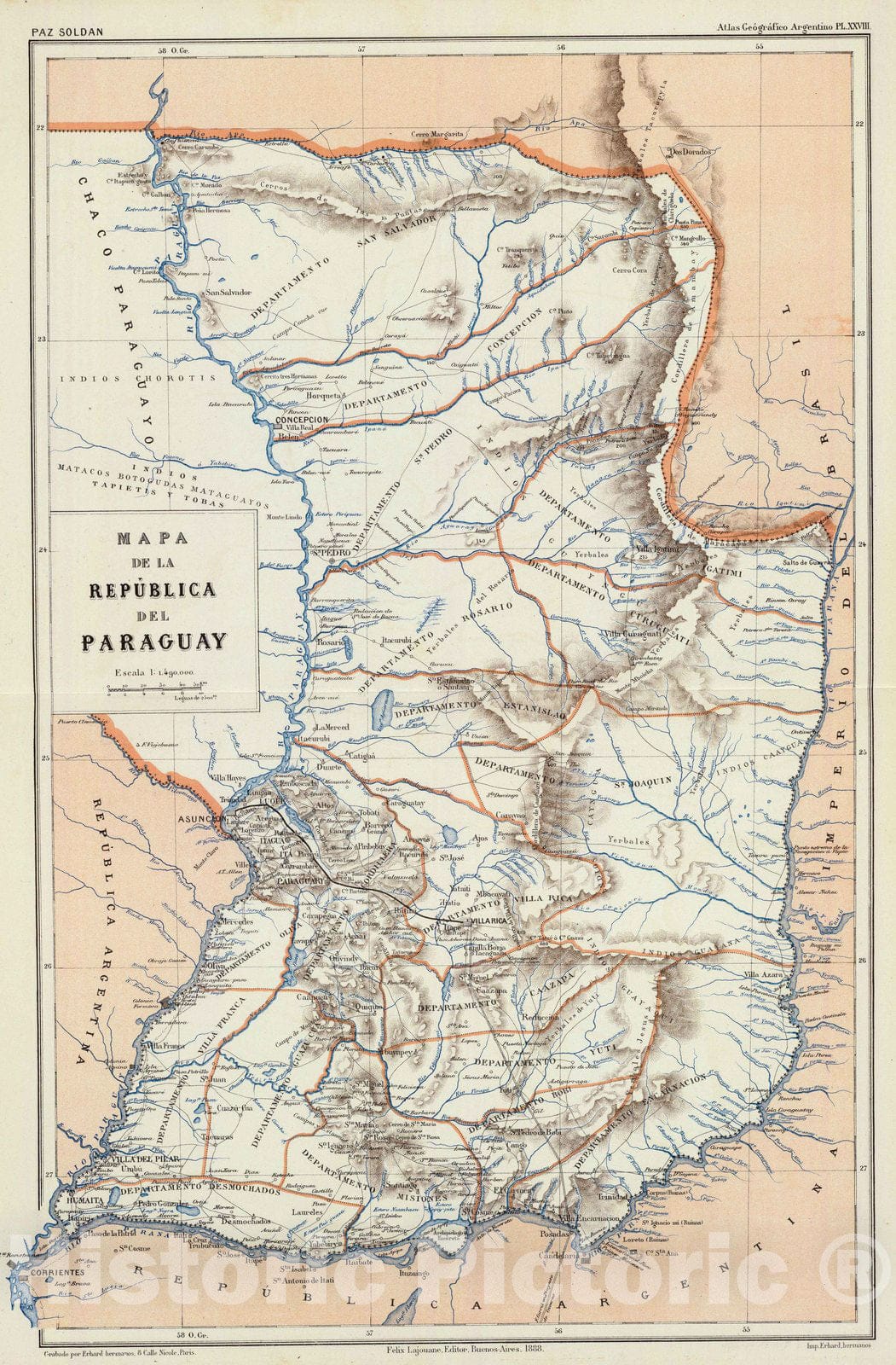 Historic Map : Paraguay , Montevideo (Uruguay), 1888 Mapa de la Republica del Paraguay. , Vintage Wall Art