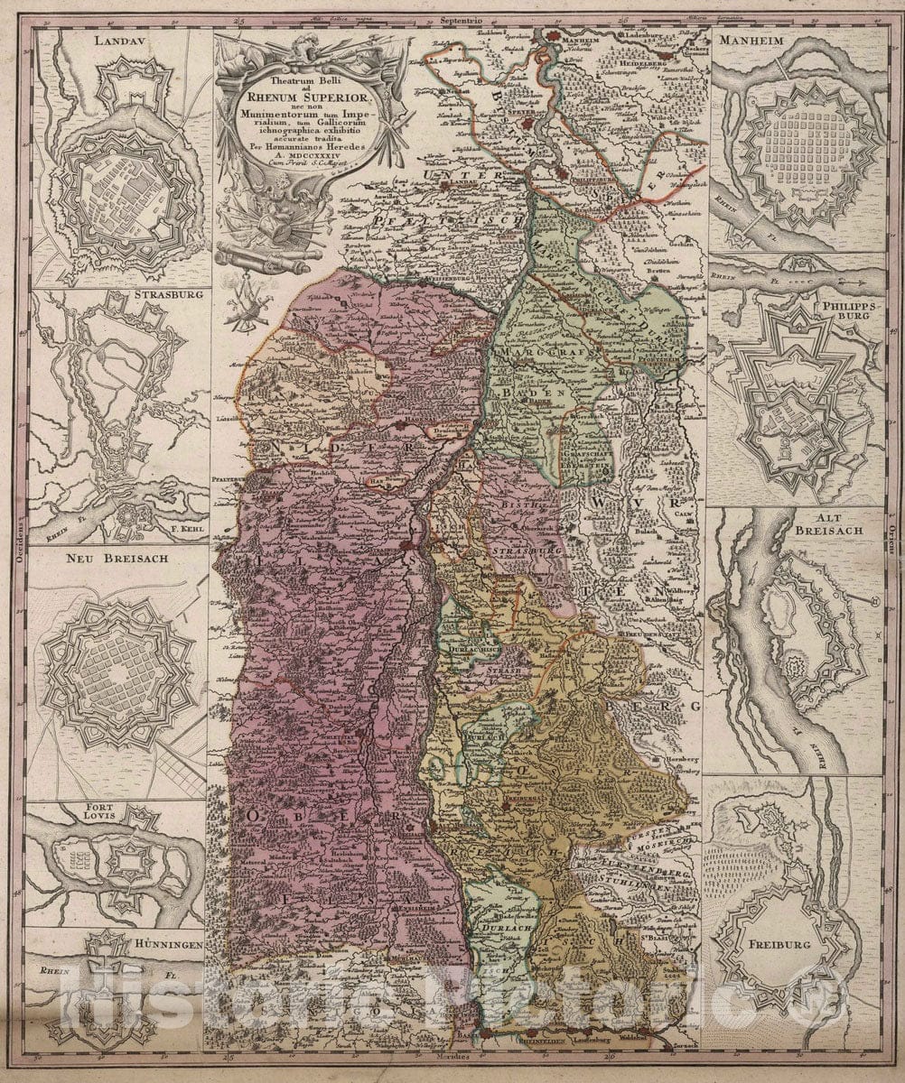 Historic Map : Germany, Rhine River 1734 Theatrum Belli ad Rhenum Superior. , Vintage Wall Art