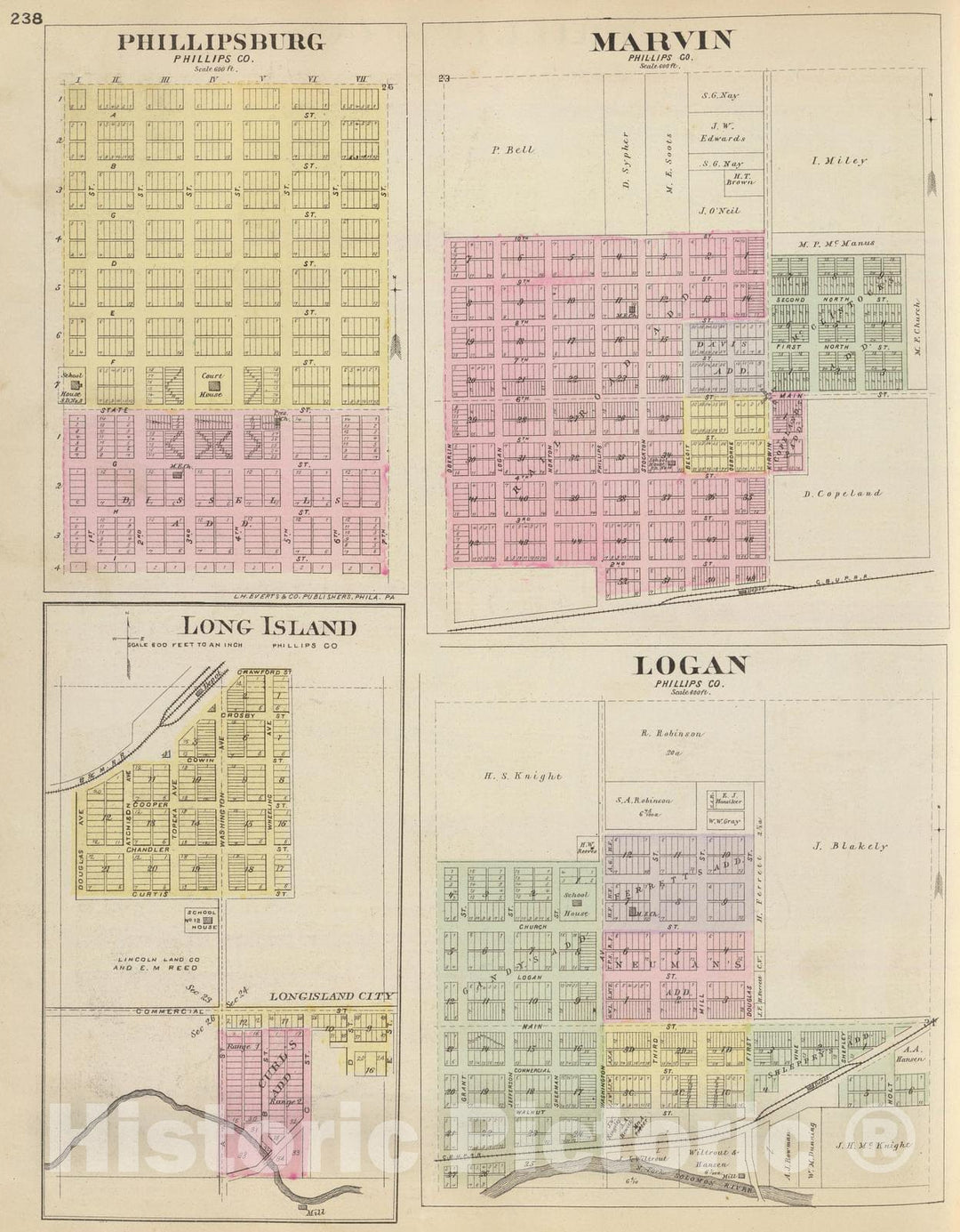 Historic Wall Map : 1887 Phillipsburg, Marvin, Long Island, Logan. - Vintage Wall Art