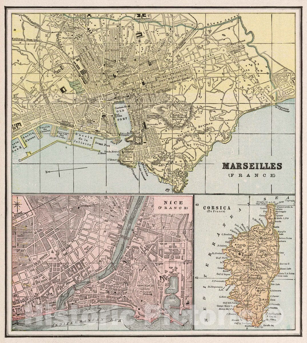 Historic Map : Marseille , France, Corsica France 1901 Marseilles (France) , Vintage Wall Art