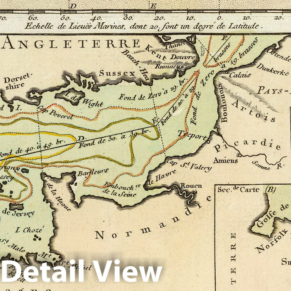 Historic Map : England; France, English Channel 1752 La Manche. , Vintage Wall Art